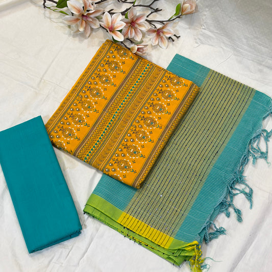 Saffron & Teal Block Print Cotton Suit Set