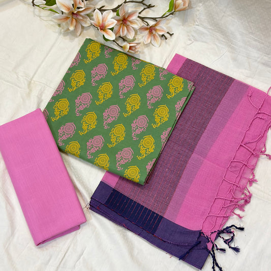 Green & Pink Block Print Cotton Suit Set