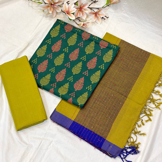 Forest Green & Mustard Block Print Cotton Suit Set