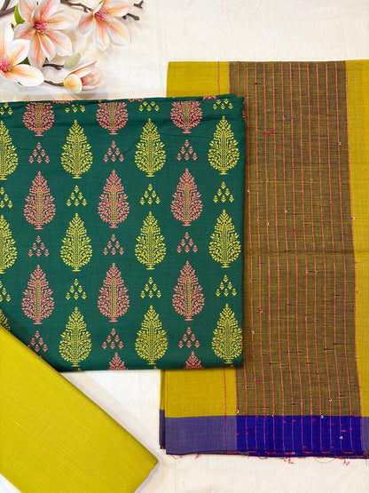 Forest Green & Mustard Block Print Cotton Suit Set