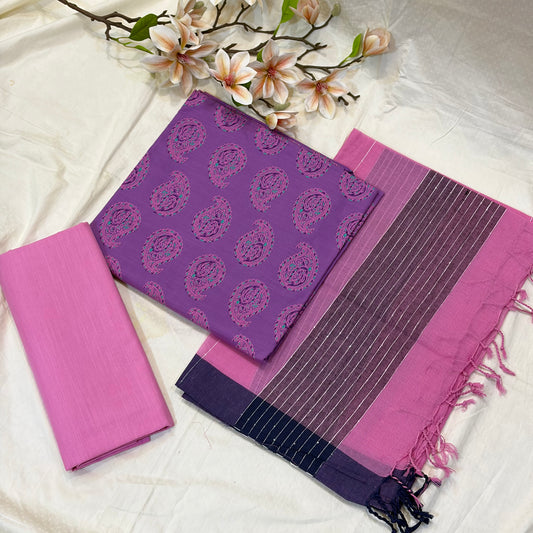 Purple & Pink Block Print Cotton Suit Set