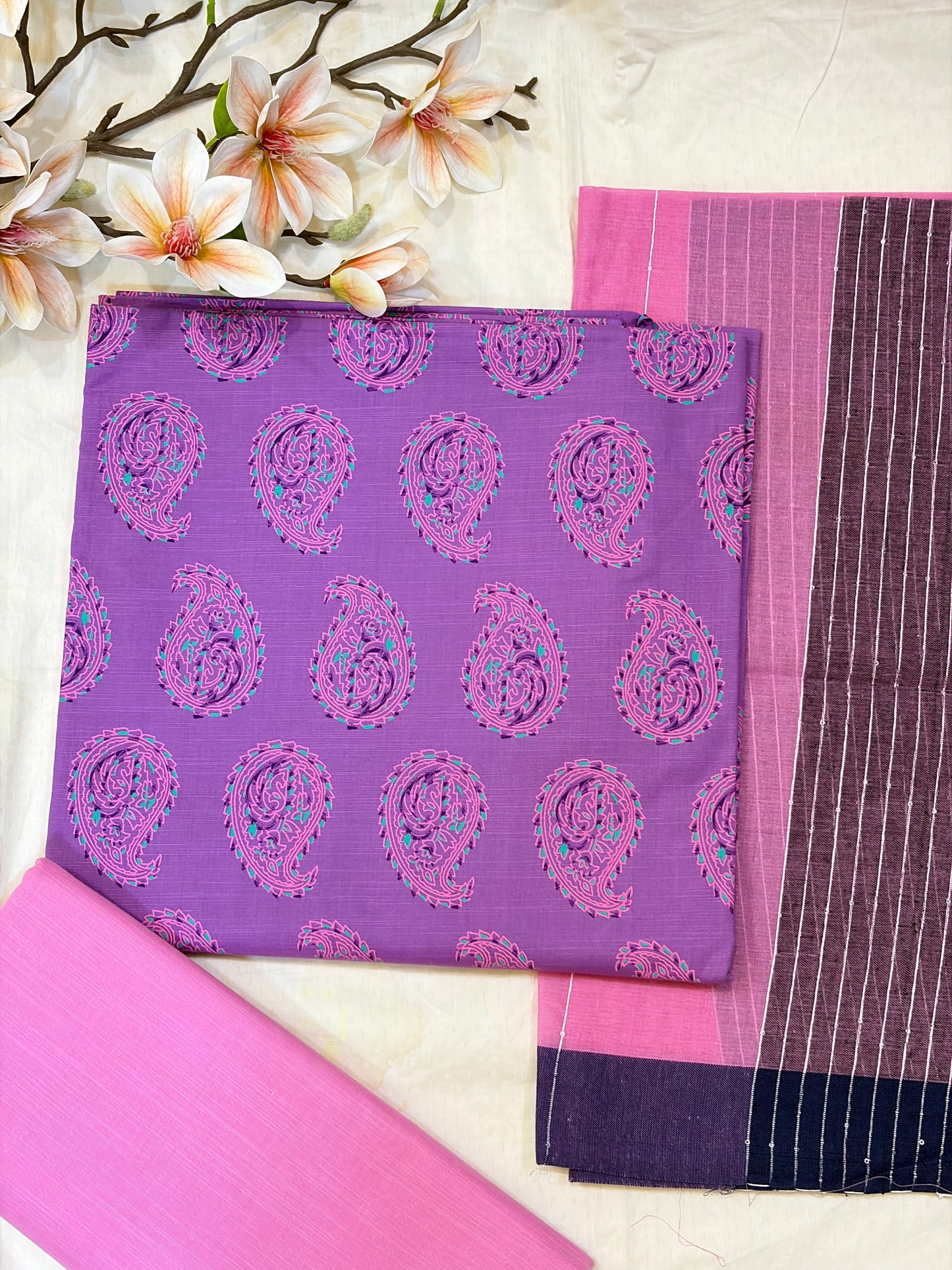 Purple & Pink Block Print Cotton Suit Set