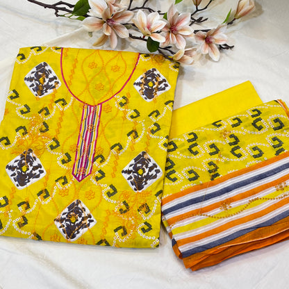 Yellow Aari Work Cotton Suit Set