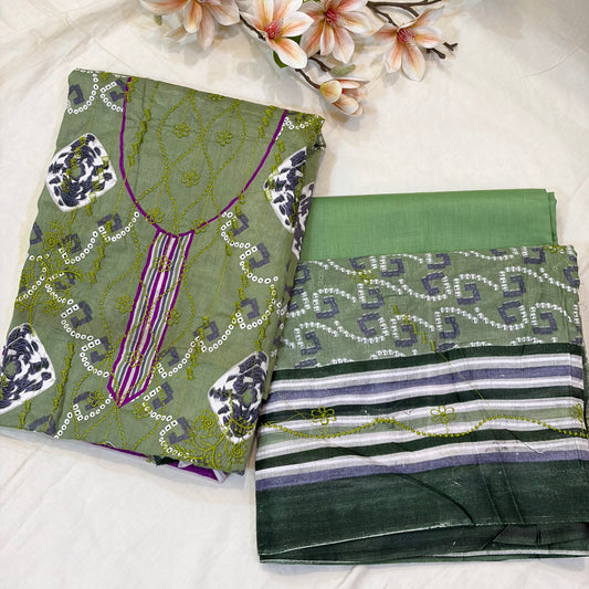 Green Aari Work Cotton Suit Set