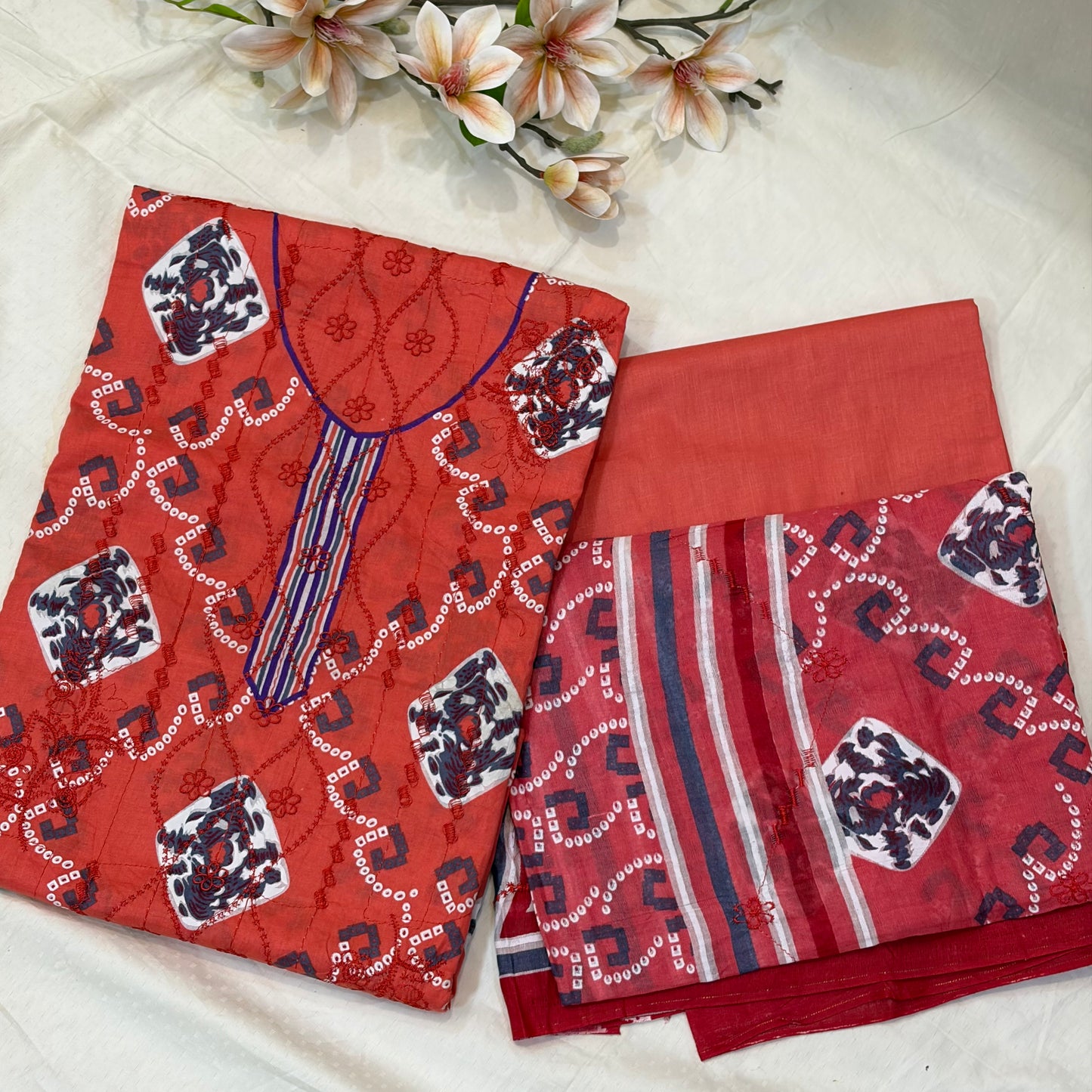 Rust Aari Work Cotton Suit Set
