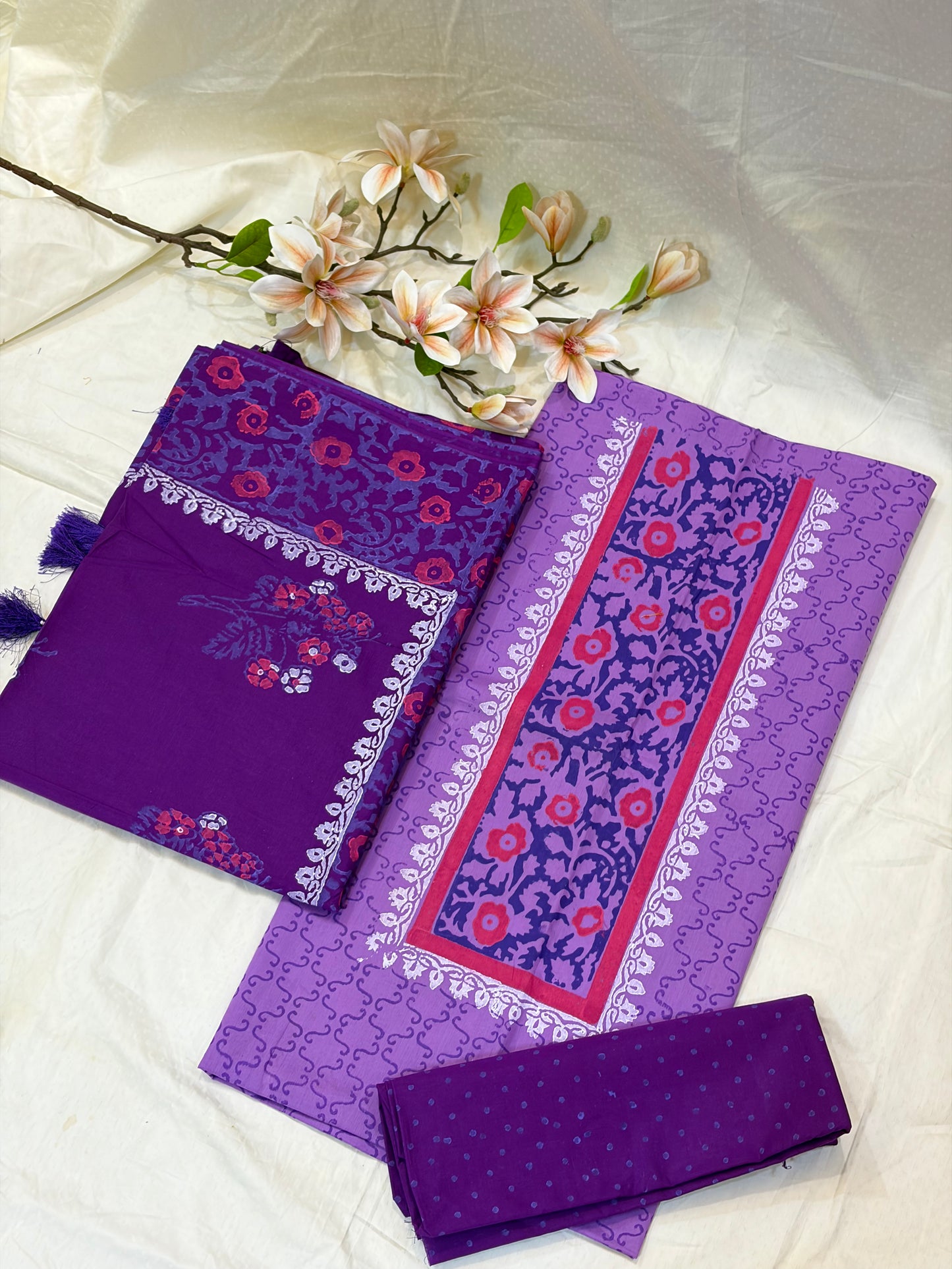 Lilac & Purple Block Print Cotton Suit Set