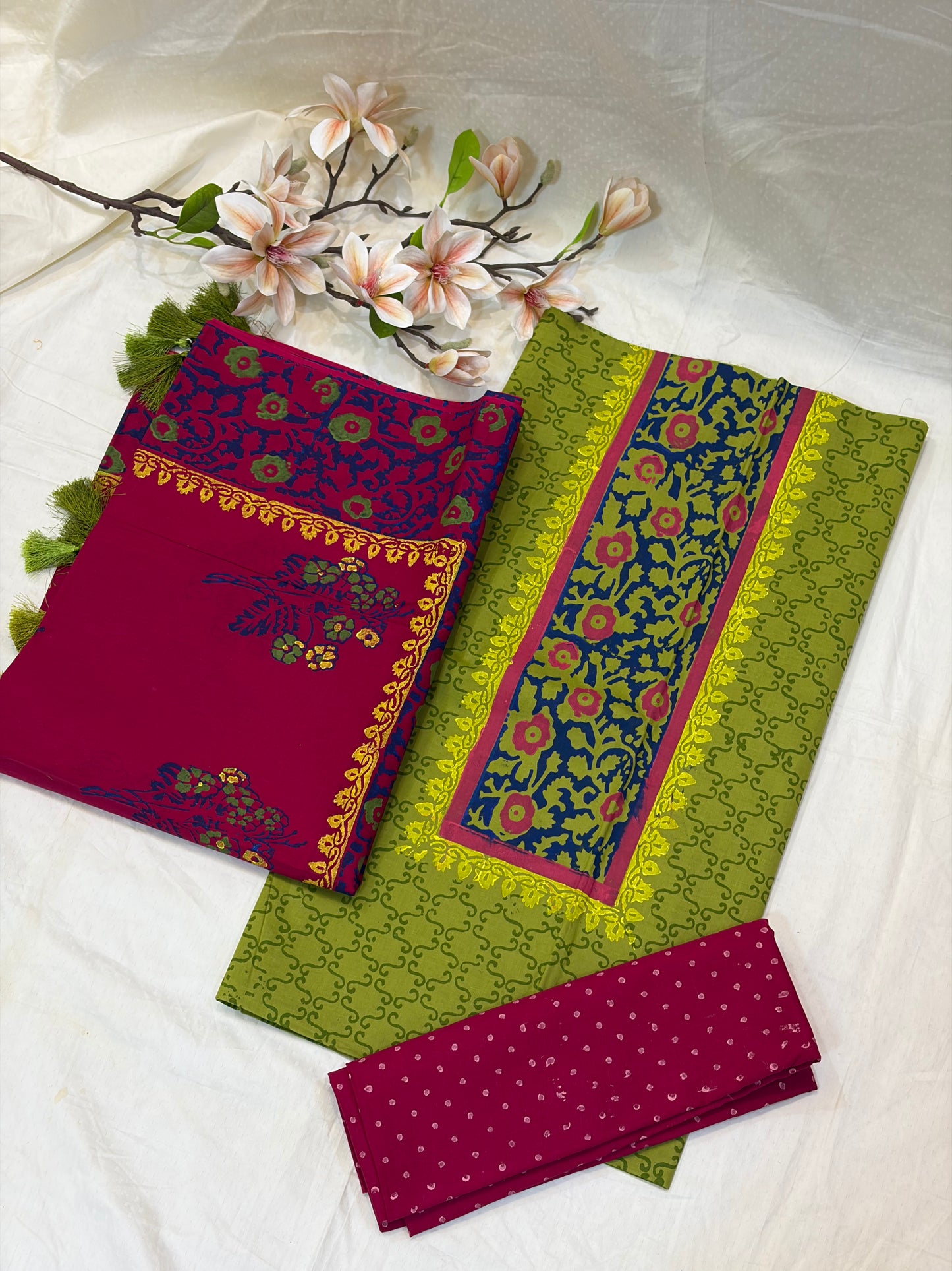Lime & Magenta Block Print Cotton Suit Set