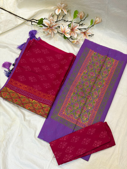 Red & Purple Block Print Cotton Suit Set