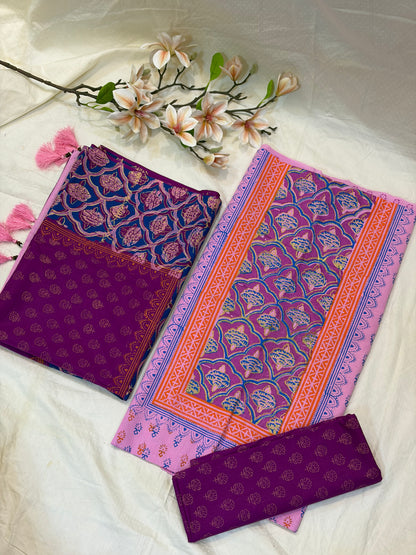 Light Pink & Purple Block Print Cotton Suit Set