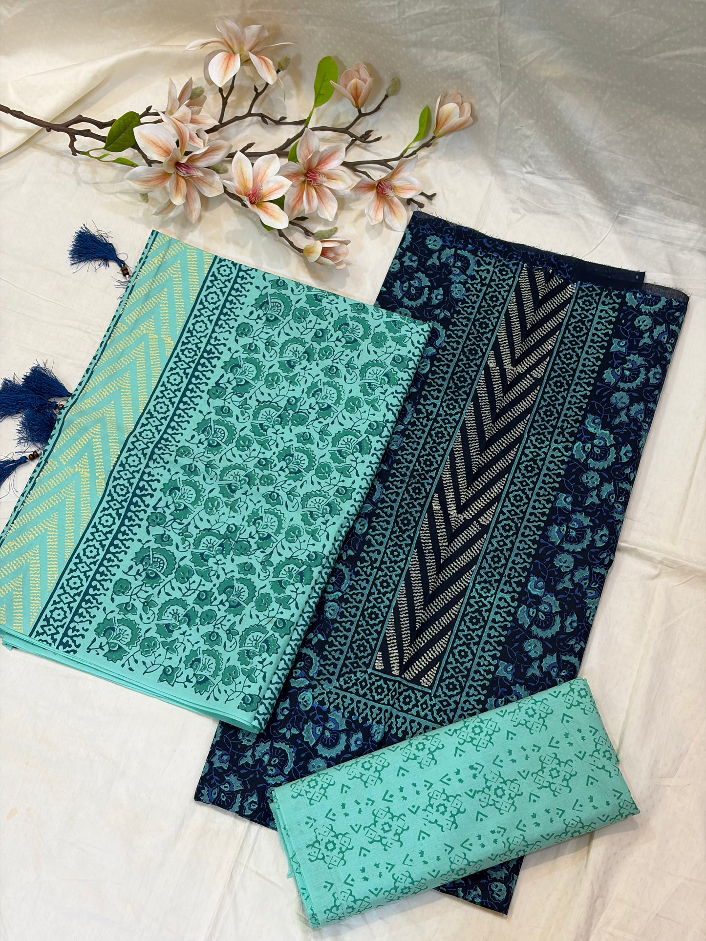 Navy & Sky Blue Block Print Cotton Suit Set