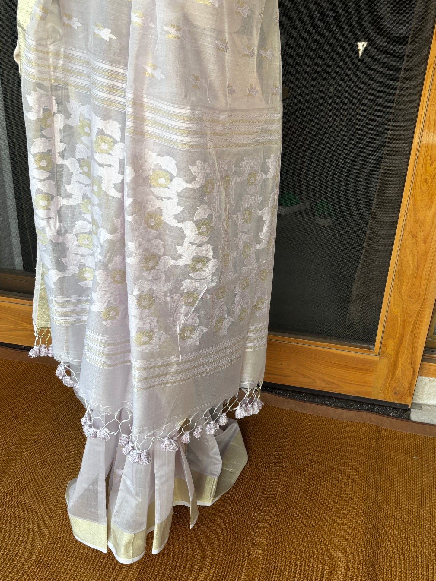 Grey Jacquard Cotton Silk Saree with Zari border