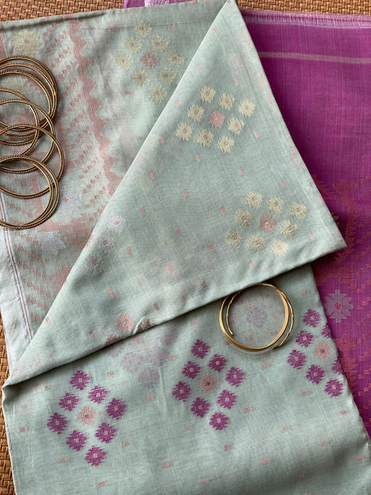 Pastel Pista Cotton Silk Saree With Zari Booti
