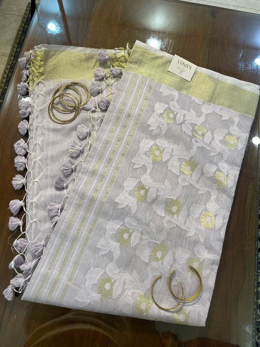 Grey Jacquard Cotton Silk Saree with Zari border