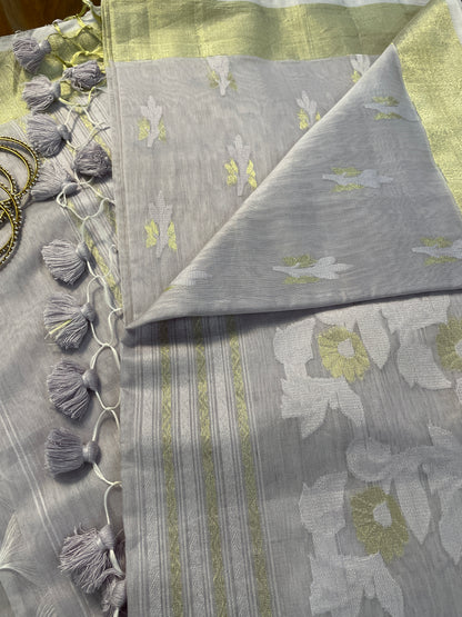 Grey Jacquard Cotton Silk Saree with Zari border