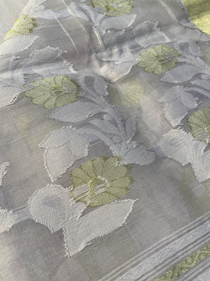 Grey Jacquard Cotton Silk Saree with Zari border