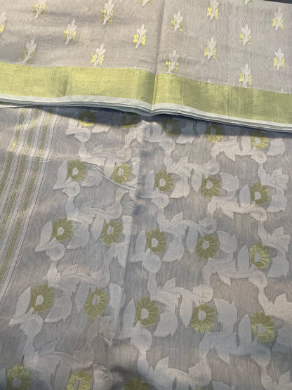 Grey Jacquard Cotton Silk Saree with Zari border