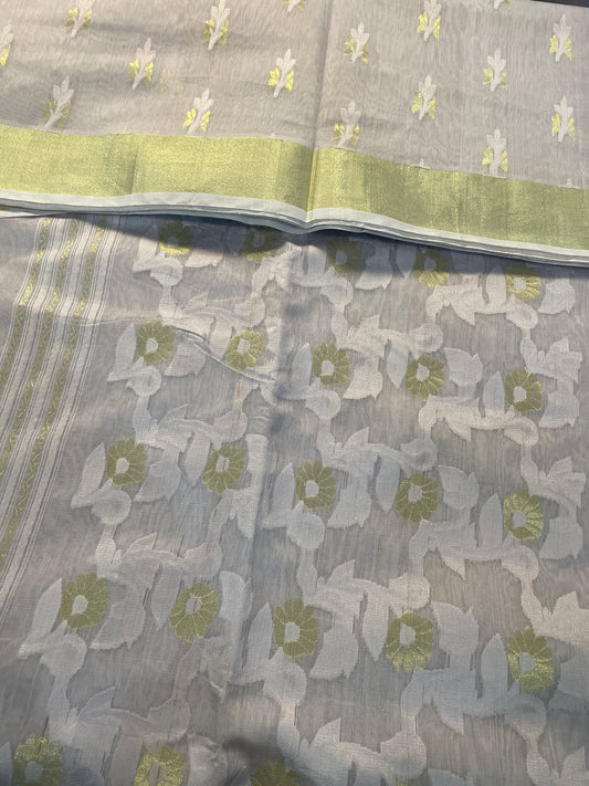 Grey Jacquard Cotton Silk Saree with Zari border