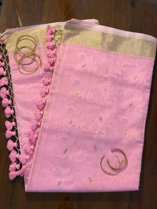 Pink Jacquard Cotton Silk Saree with Zari border