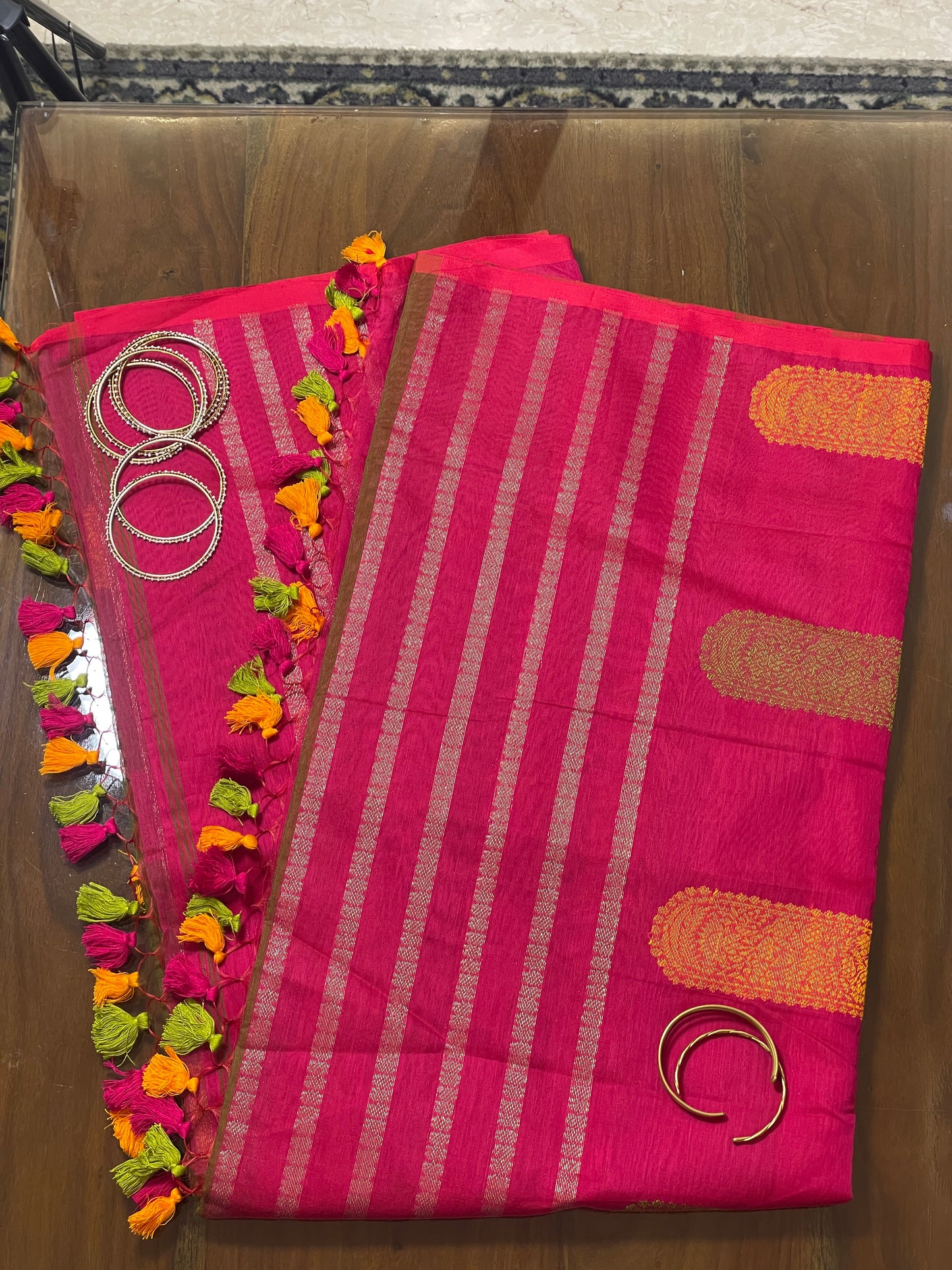 Magenta Green Yellow Bengal Mercerised Cotton Saree