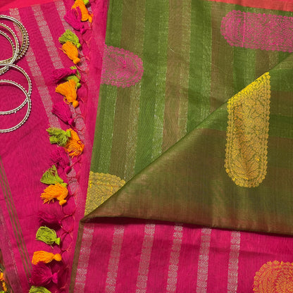 Magenta Green Yellow Bengal Mercerised Cotton Saree