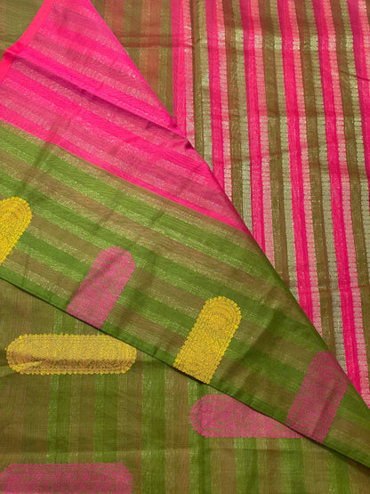 Magenta Green Yellow Bengal Mercerised Cotton Saree