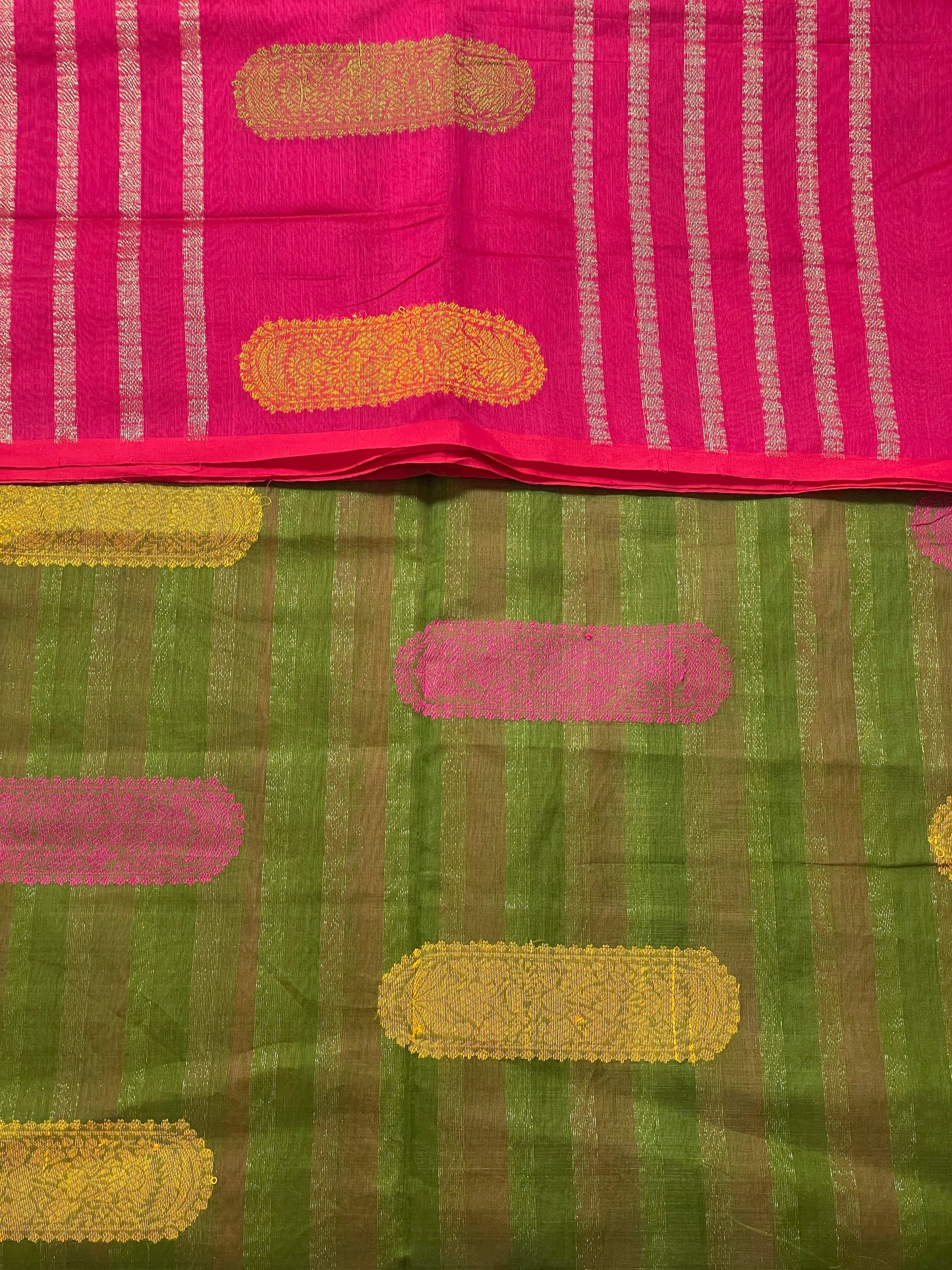 Magenta Green Yellow Bengal Mercerised Cotton Saree