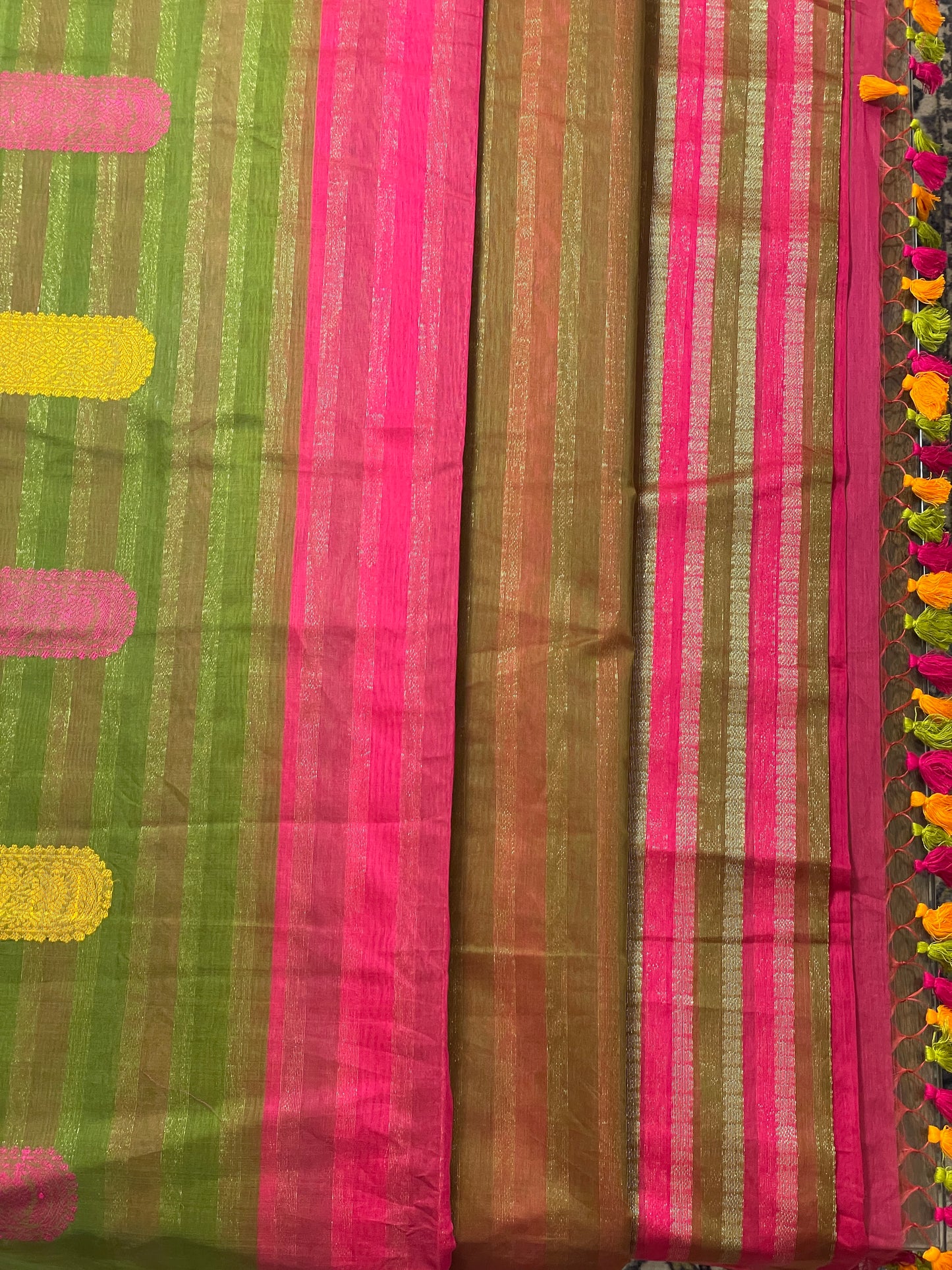 Magenta Green Yellow Bengal Mercerised Cotton Saree