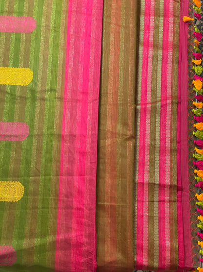 Magenta Green Yellow Bengal Mercerised Cotton Saree