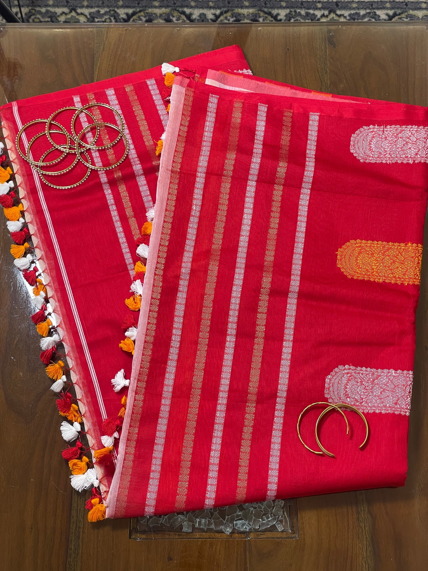 Red White Yellow Bengal Mercerised Cotton Saree