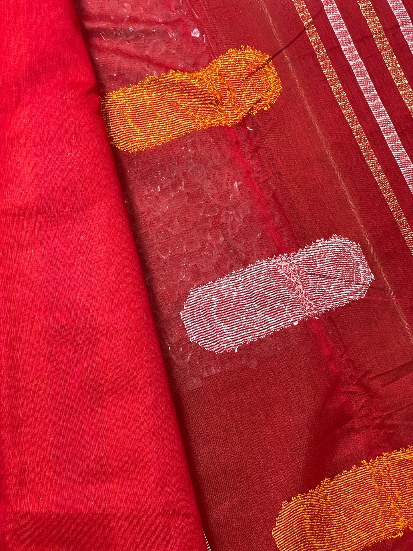 Red White Yellow Bengal Mercerised Cotton Saree