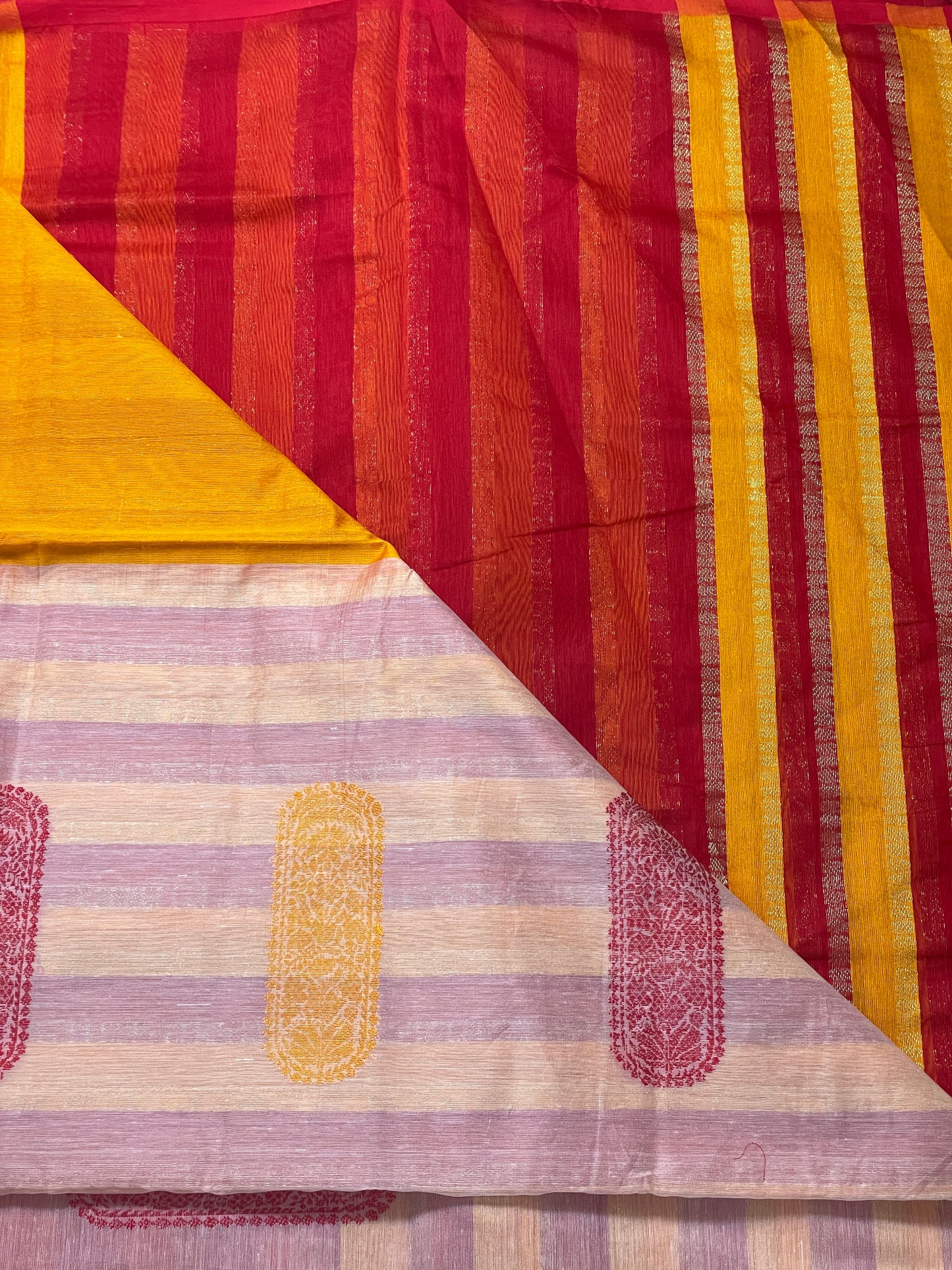 Red White Yellow Bengal Mercerised Cotton Saree