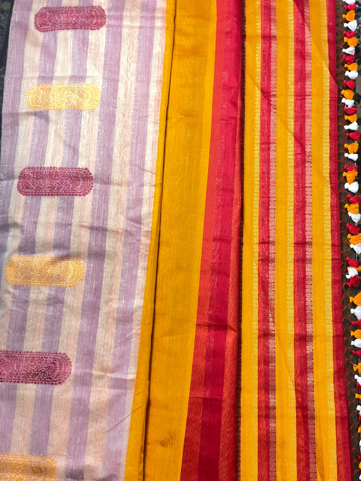 Red White Yellow Bengal Mercerised Cotton Saree