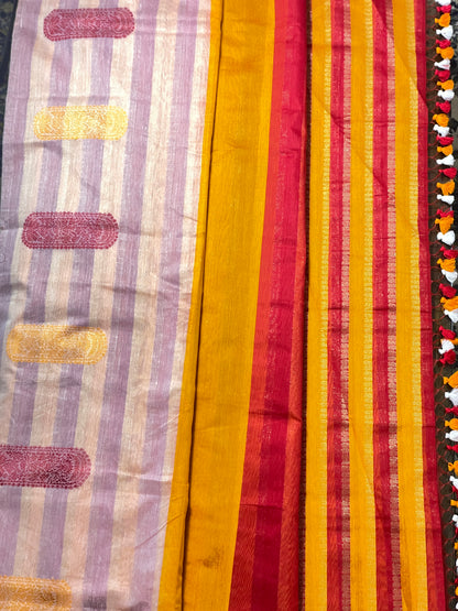 Red White Yellow Bengal Mercerised Cotton Saree
