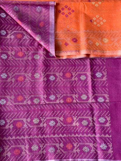 Orange Cotton Silk Saree With Zari Booti