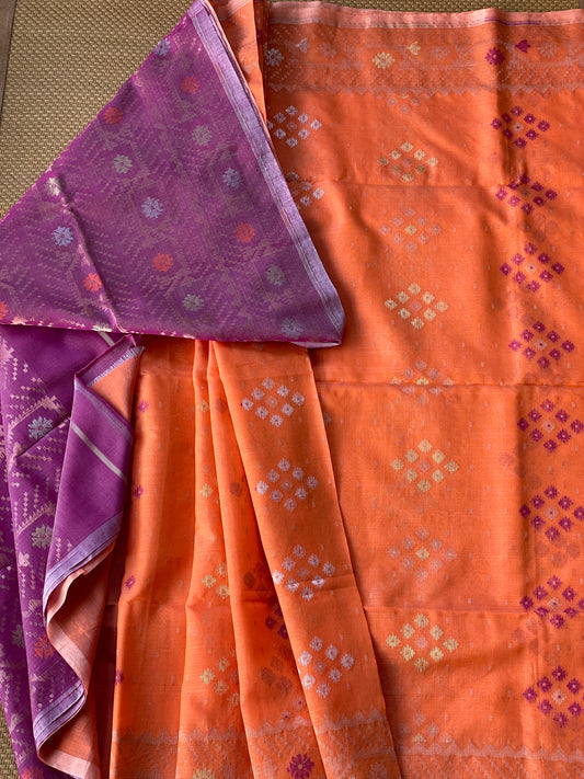 Orange Cotton Silk Saree With Zari Booti