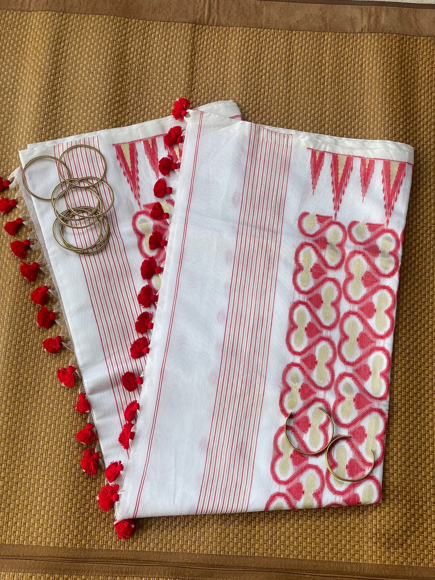 White & Red Cotton Silk Saree