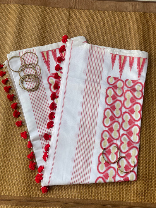 White & Red Cotton Silk Saree