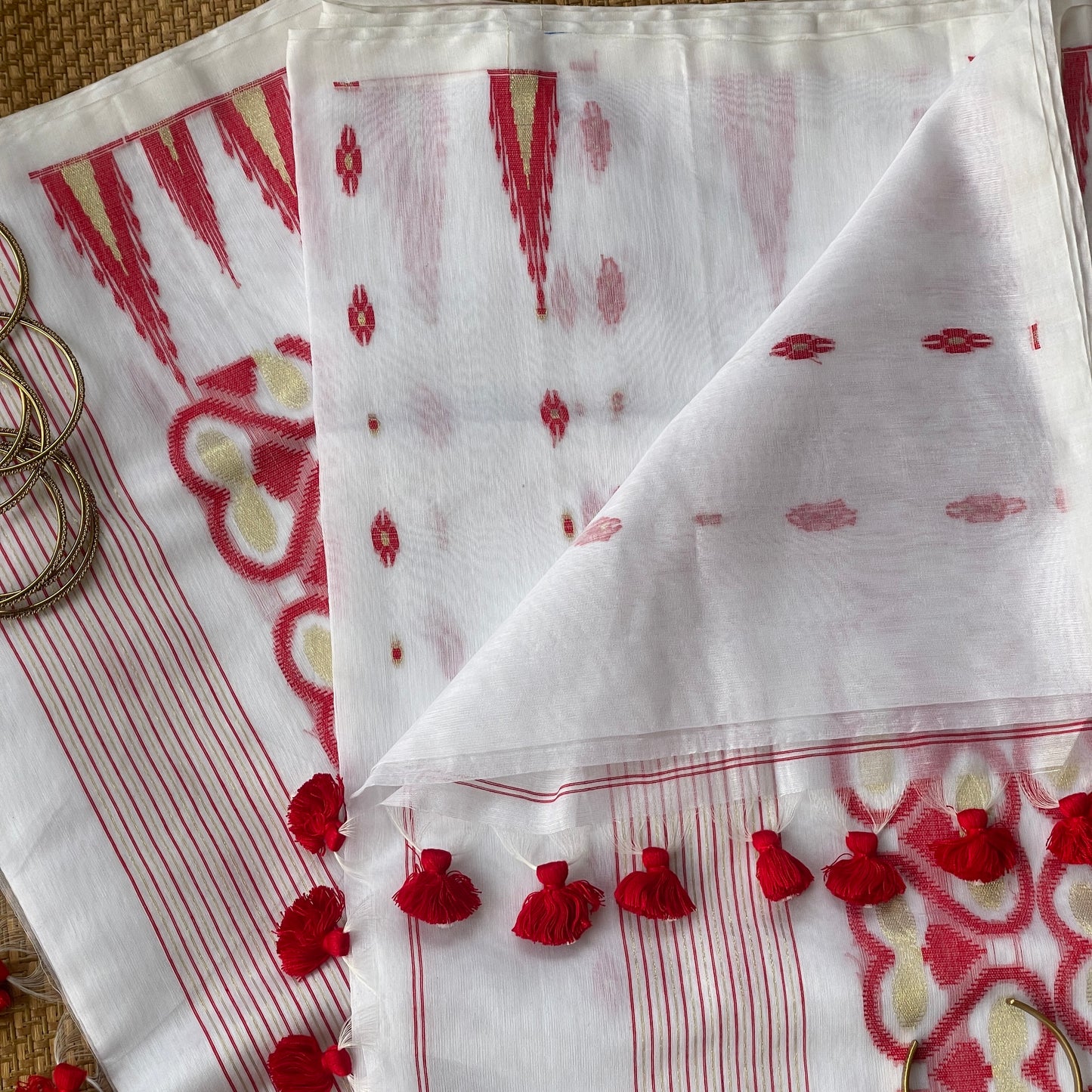 White & Red Cotton Silk Saree