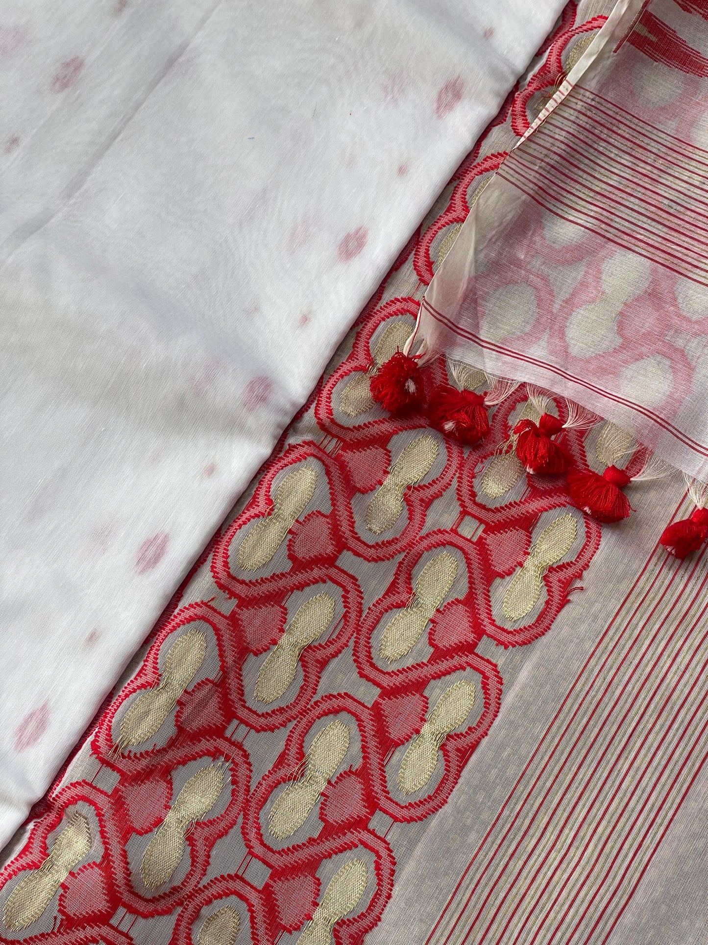 White & Red Cotton Silk Saree