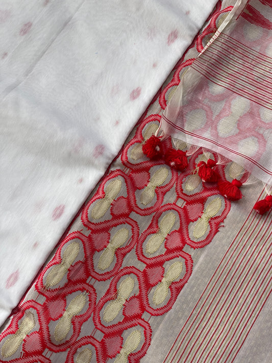 White & Red Cotton Silk Saree