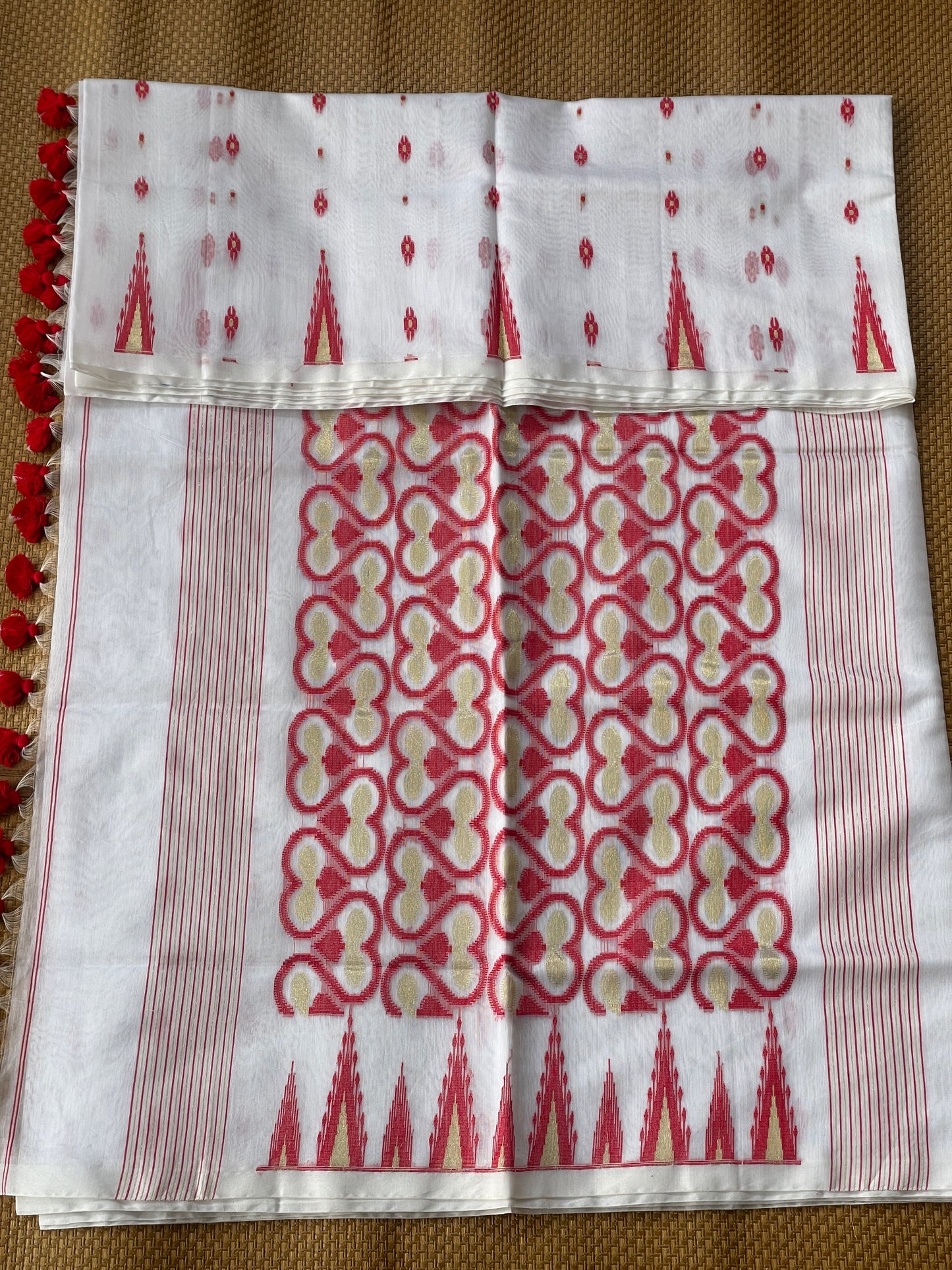 White & Red Cotton Silk Saree