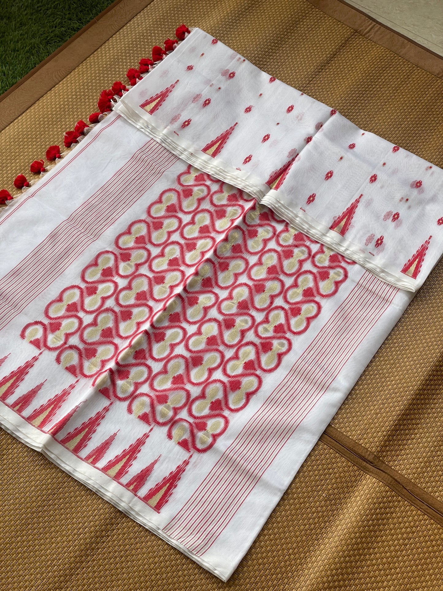 White & Red Cotton Silk Saree