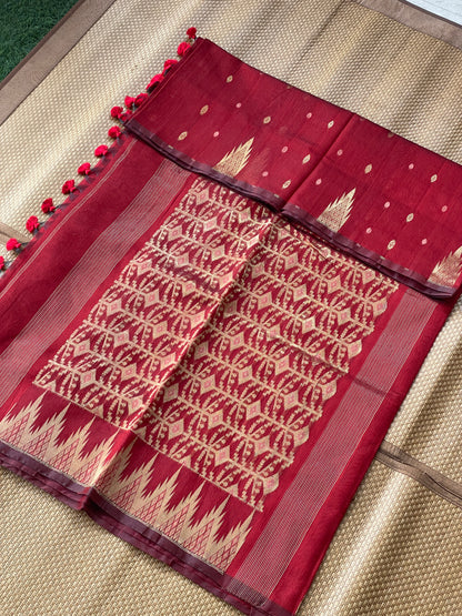 Maroon Cotton Silk Saree With Zari Pallu