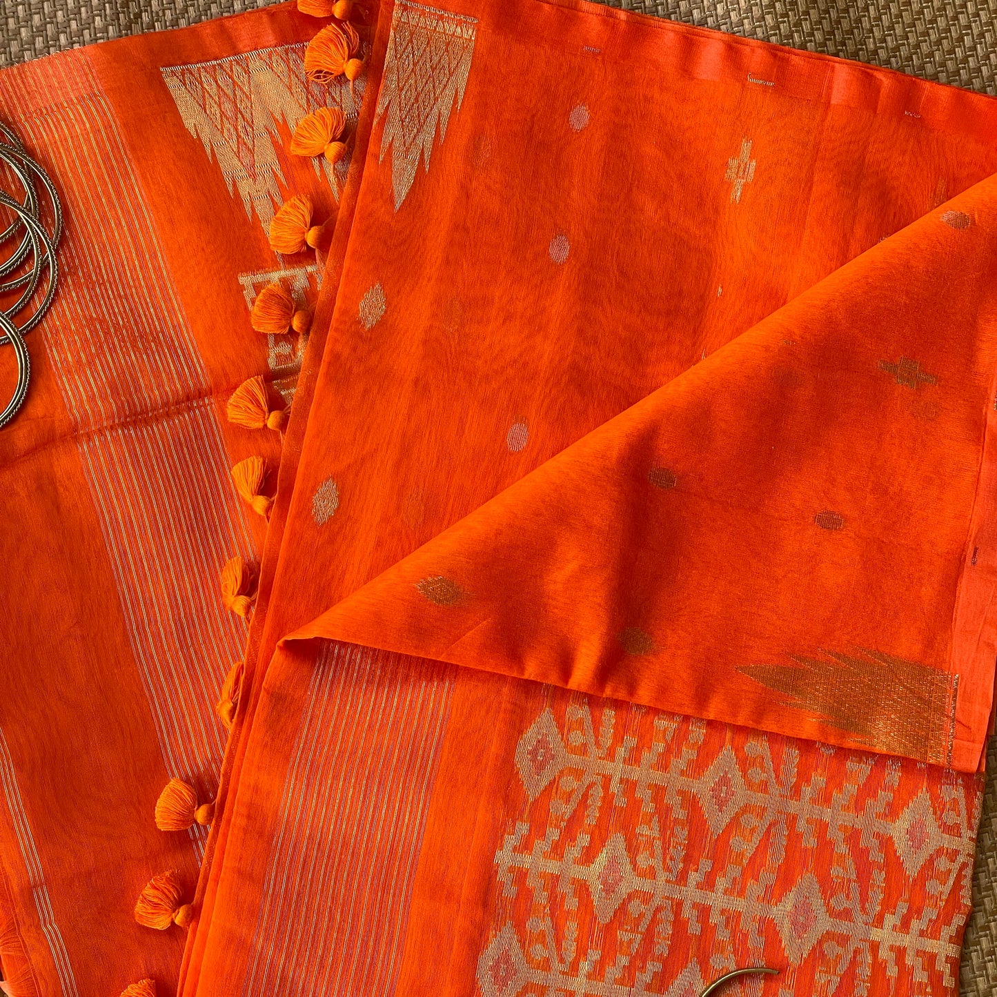 Orange Cotton Silk Saree With Zari Pallu