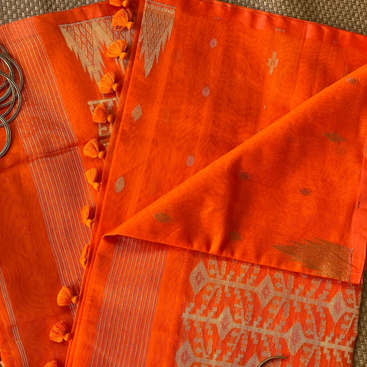 Orange Cotton Silk Saree With Zari Pallu