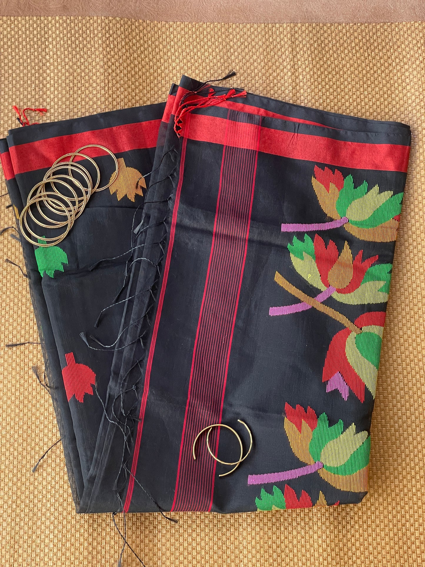 Black Cotton Silk Saree With Floral Motifs