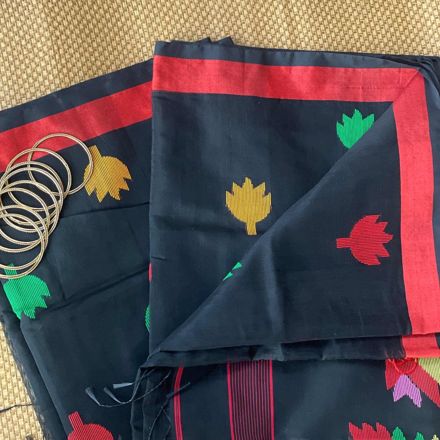 Black Cotton Silk Saree With Floral Motifs