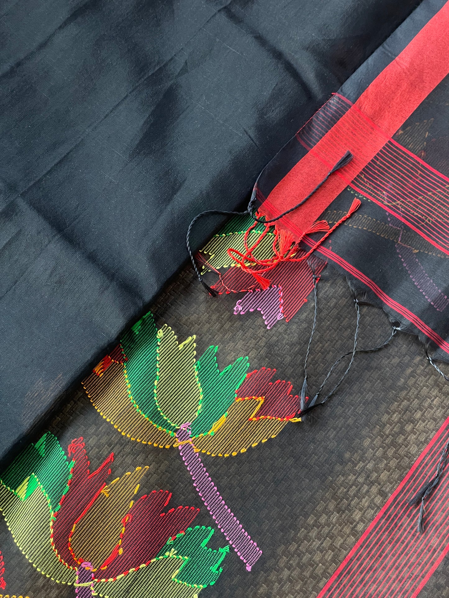 Black Cotton Silk Saree With Floral Motifs