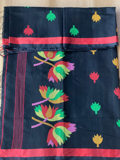 Black Cotton Silk Saree With Floral Motifs