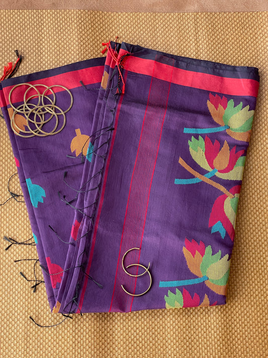 Purple Cotton Silk Saree With Floral Motifs